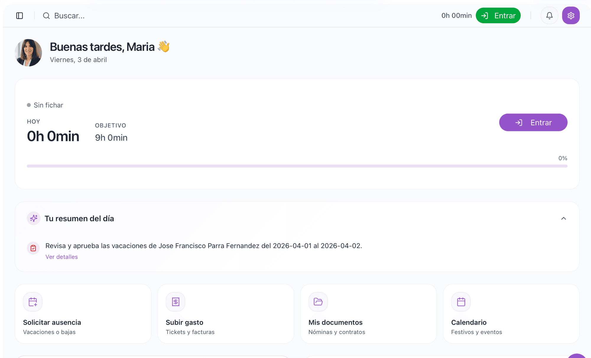 Panel de gestión de equipo en Timenow